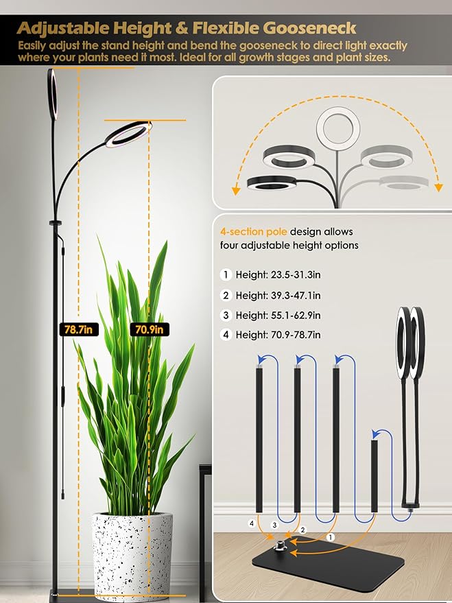 GLOWRIUM Grow Lights for Indoor Plants Full Spectrum LED Grow Light Stepless Dimming3 Lighting Mode and Adjustable Height Plant Light with 3/9/12/16H Timer (Black 48W)