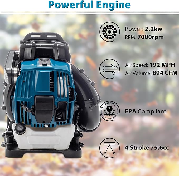 4-Cycle 75.6CC Gas Powered Backpack Leaf Blower Grass Blower Engine for Lawn Garden Yard Blowing Leaves Debris Dust Sand Gravel Snow (192MPH 894CFM Blue)