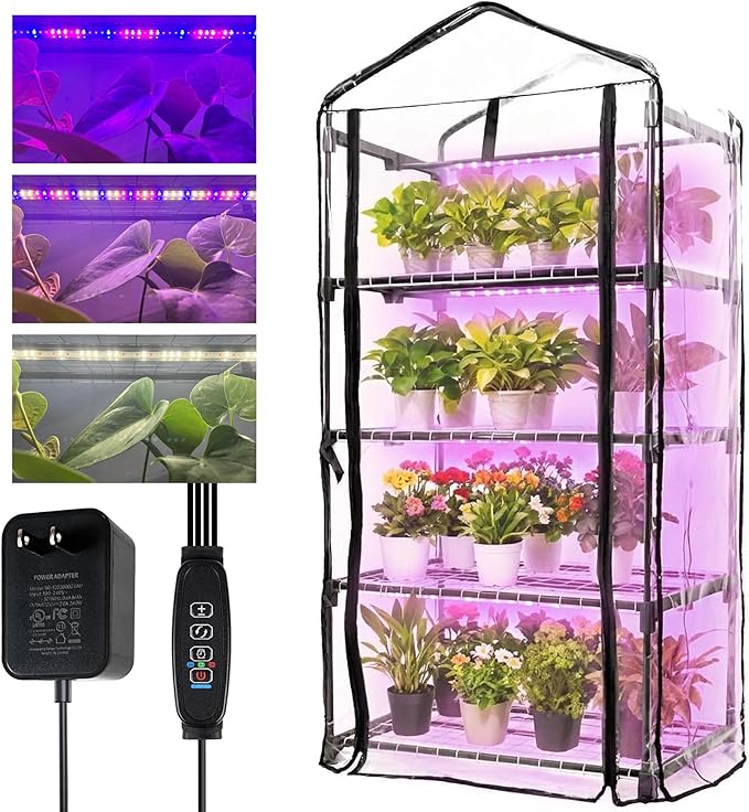 Indoor Greenhouse with Grow Lights 4-Tier Mini Greenhouse w/Multiple Modes Plant Lights &amp Waterproof Base Mat &amp Zippered Door Walk-in Green House for Growing Plants Seed Starting Seed Tray