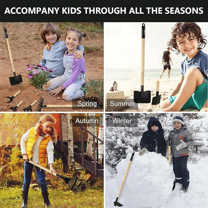 Kids Rake and Shovel Sets 7PCS Child Metal Gardening Tools for Real Digging-Great for Garden Yard Sandbox Lawn Camping Play Outdoor Toys for Ages 2-4 5-7 Years Old