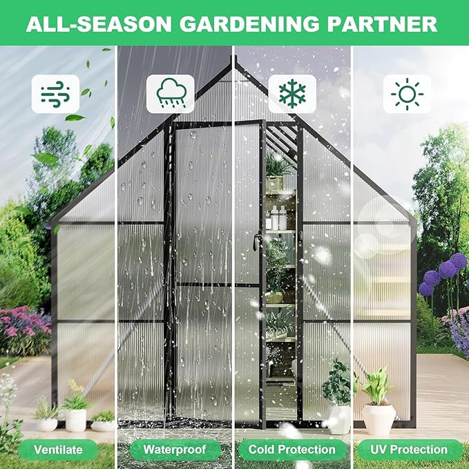 Greenhouse 8x12 FT Aluminum-Framed Heavy Duty Polycarbonate with Quick Setup Structure and Roof Vent Large Enhanced Outdoors Green House Kit