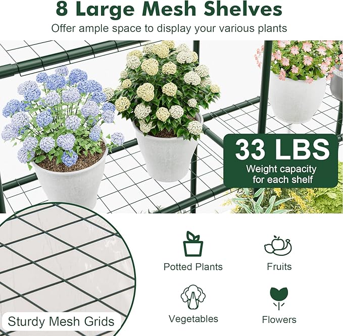 Happygrill Greenhouse Portable Greenhouses for Outdoors w/8 Shelves Roll-Up Zippered Door 2 Observation Windows &amp 2 Tiers Weather-Proof PE Cover Wind Rope (Transparent 55” x 57” x 77”)