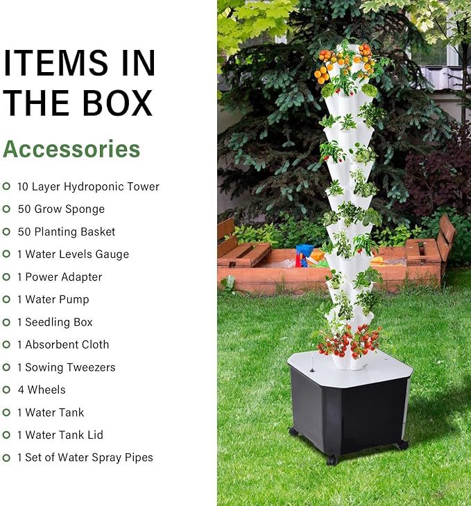Hydroponics Growing Tower - 10-Layer 50 Slots Vertical Layered Hydroponic Tower Vegetable Planting Towers for Indoor Outdoor Gardens House Fruits and Vegetables-Silent Pump