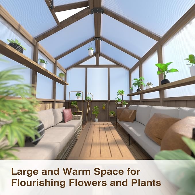 Mupater 6 x 8 FT Wooden Polycarbonate Greenhouse with Ventilated Window and Lockable Door Walk-in Greenhouse for Backyard Patio Lawn Brown