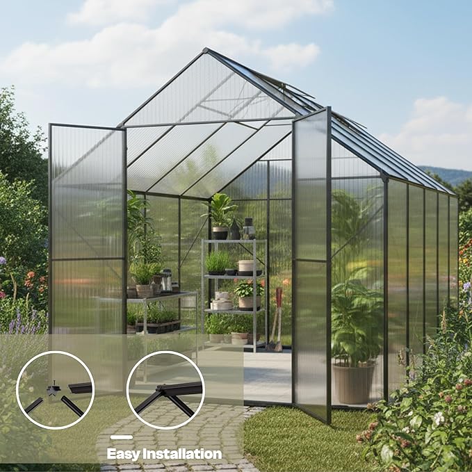 Kingdura 8x10ft Walk-in Greenhouse for Outdoors Large Polycarbonate Greenhouses with Heavy Duty Aluminum Frame Adjustable Roof Vent Lockable Door UV Protection for Outside Garden Backyard