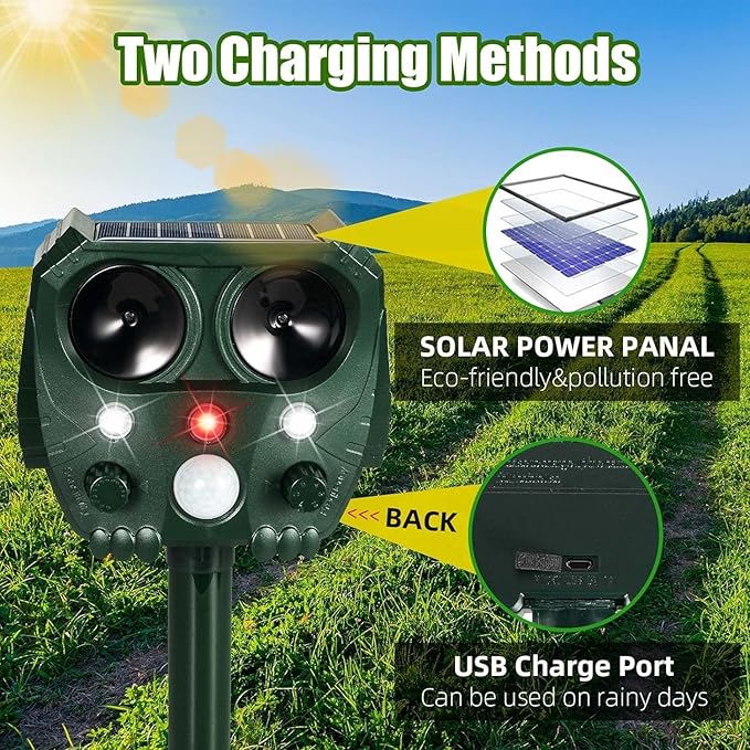 Solar Animal Repeller Ultrasonic Animal Repeller Outdoor Cat Deterrent Deer Repellent with Motion Sensor &amp Led Strobe Light Squirrel Dog Raccoon Rabbit Skunk Repellent for Yard Garden