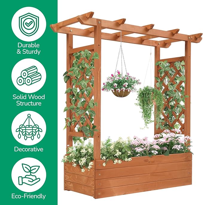 Vasitelan Raised Garden Bed with Trellis Wooden Elevated Planter Box w/Drainage Holes &amp Removable Bottom Panels for Climbing Vine Flower Indoor Outdoor Wood Planter for Yard Patio