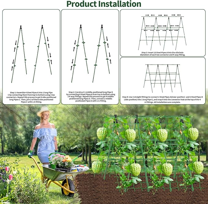 A-Frame Cucumber Trellis for Raised Bed - 47 x 47in Heavy-Duty Detachable Garden Trellis with Netting &amp Clips Support for Climbing Outdoor Cucumber Tomatoes Luffa Bitter Melon Vining Flowers
