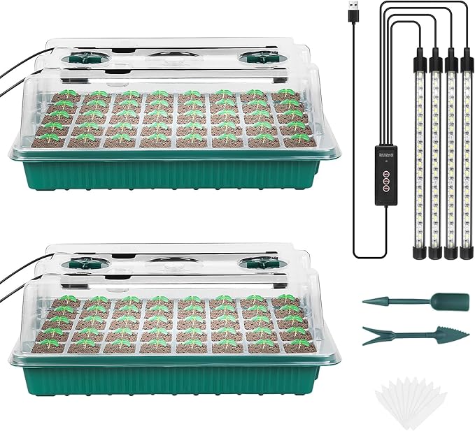 Sondiko Seed Starter Tray with Grow Light 80 Cells Seed Starter Kit with Humidity Dome Adjustable Brightness Plant Starter Trays Indoor Plants Germination Kit(2 Pack)