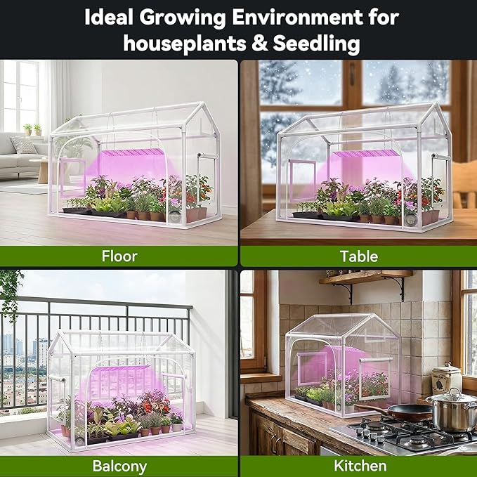 Mini Greenhouse with Grow Light &amp Timer &amp Hygrothermograph 30x16x20 Indoor/Outdoor Tabletop Greenhouse with 96 LEDs Dimmable Full-Spectrum Lights (3 Colors) for HouseplantsSeedlings Out