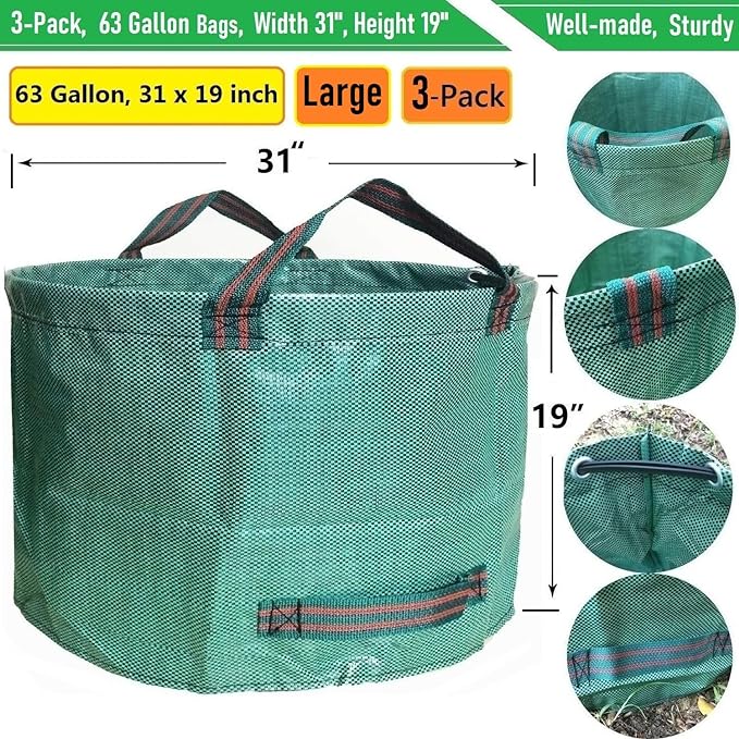 Professional 3-Pack 63 Gallon Lawn Garden Bags Large (D31H19 inch) Yard Waste Bags W/Gardening GlovesStandableReusable Leaf BagLawn Debris BinGarden Trash ContainerPlant Trimmings Bag 4 Handles