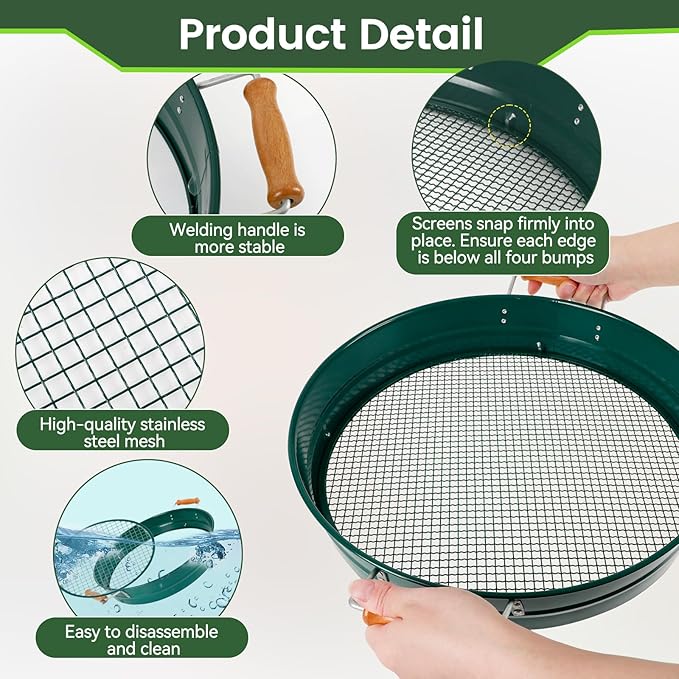 Large 14.57 Soil Sifter with 5 Interchangeable Stainless Steel Mesh Screens (1/3/6/9/12mm) + Stainless Steel Hand Trowel + Galvanized Garden Sieve for Compost Sand Gravel &amp Cat Litter (Green)