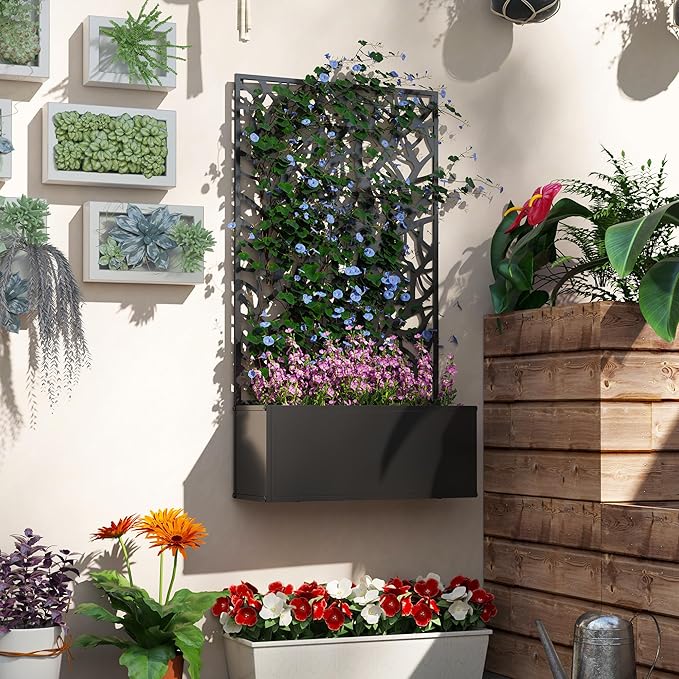 Outsunny Metal Raised Garden Bed with Trellis for Climbing Plants Freestanding or Wall Mounted Flower Bed with Privacy Panel Two Big Tree Cut-Outs Outdoor Planter Box for Garden Patio Balcony