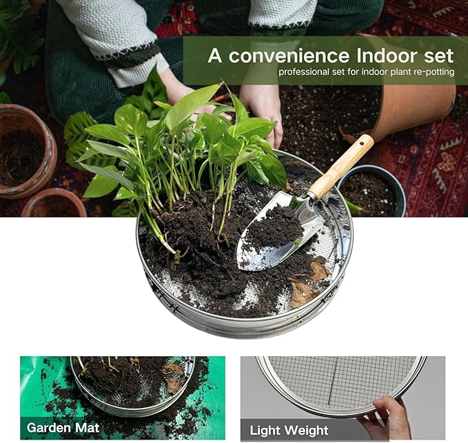 Soil Sifter for Gardening 12 Inch Stainless Steel Soil Sifter with 4 Replaceable Fine Screens and Shovel Sieve for Sand Rocks Dirt Compost