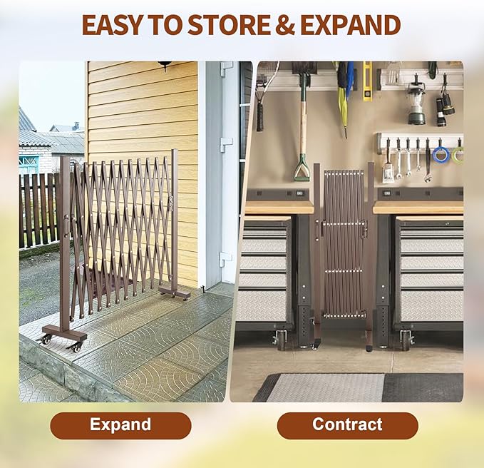 TECSPACE Aluminum Expandable Garden Fence Portable Barricade Gate with Casters Adjustable Retractable Fence Mobile Barricade Safety Barrier (Brown 130×15×41 inch)