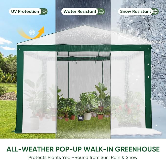 EAGLE PEAK 10x10 Portable Walk in Greenhouse with Polyester Reinforced Corners Instant Pop up Indoor Outdoor Gardening Green House Roll Up Zipper Entry Doors and Mesh Windows Green/White