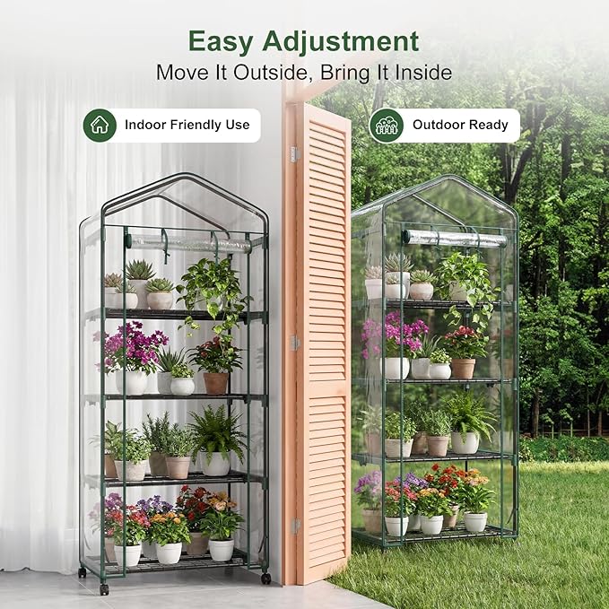 NEWBULIG Mini Greenhouse for Outdoors 4-Tier Portable Green House with Wheels and Clear PVC Cover All-Weather Plant House for Outside and Indoor27.17 x 19.29 x 65.35 Inches