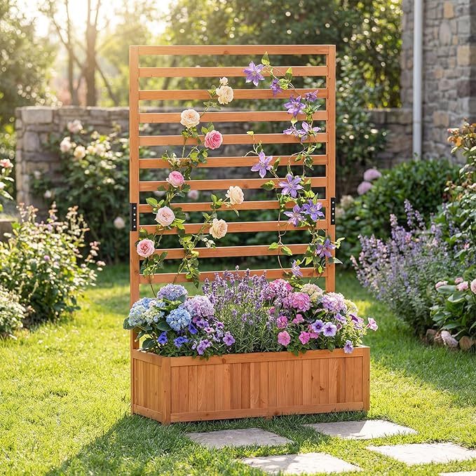 Raised Garden Bed Fir Wood Elevated Planter with Climbing Trellis &amp Fitted Liner All-in-One Planter for Patio Balcony Rooftop Sunroom Outdoor Urban Gardeners &amp Plant Lovers Orange ﻿ (1)