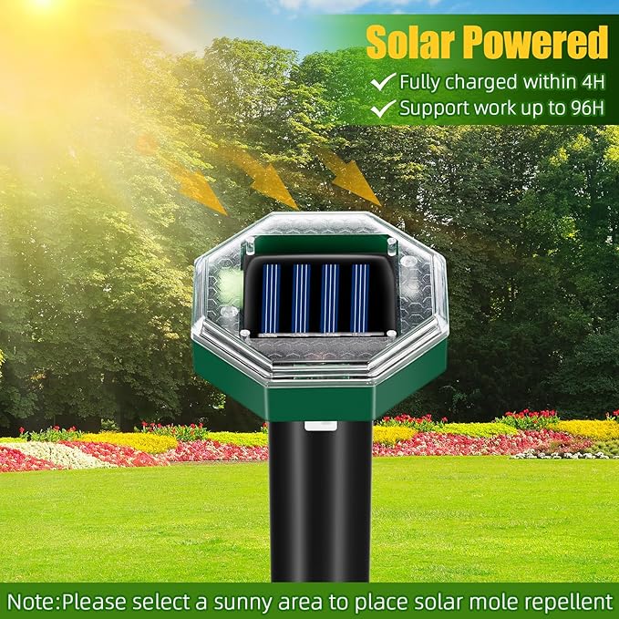 Mole Repellent Solar Powered Gopher Snake Repellent for Yard Lawn Garden IP65 Waterproof Ultrasonic Deterrent Stakes Get Rid for Vole Groundhog Squirrel Rat Mice Rodent Skunk Repellent 8 Pack