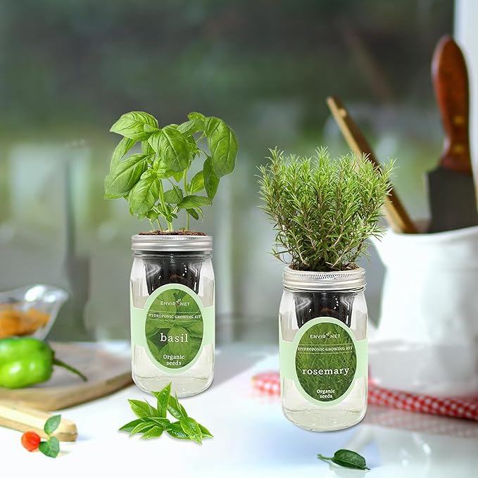 2-Pack Hydroponic Mason Jar Herb Garden Kit Indoor Herb Garden Self-Watering Starter Kit New Christmas Gift for Mom (BasilRosemary)