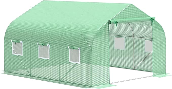 Outsunny 11.5' x 10' x 6.5' Outdoor Walk-in Greenhouse Tunnel Green House with Roll-up Windows Zippered Door PE Cover Heavy Duty Steel Frame Green