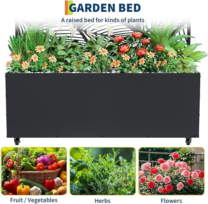 GarveeLife Metal Planter Box with Trellis and Wheels 71x47x16 Raised Garden Bed for Climbing Plants Vegetables Vines Privacy Planters for Patio with Drainage Holes 15.7 Deep Planting Bed