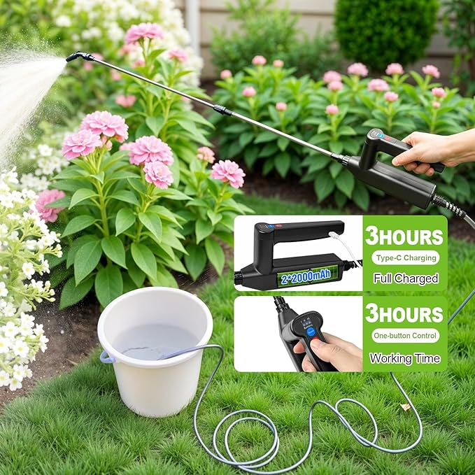 Battery Powered Sprayer Wand 32 Inch Garden Sprayer Telescopic Wand with 3 Adjustable Speeds Battery Indicator 26.2 FT Hose 7.4V Rechargeable Water Sprayer Wand with 4 Adjustable Nozzles &amp Fil