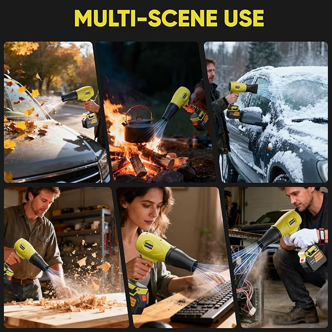 Cordless Leaf Blower Lightweight Handheld with 2×21V 6AH Batteries and Charger 800000 RPM High-Speed Turbo 3 Nozzles for Patio Cleaning Car Drying PC Case Keyboard Snow Removal Leaf Blowing