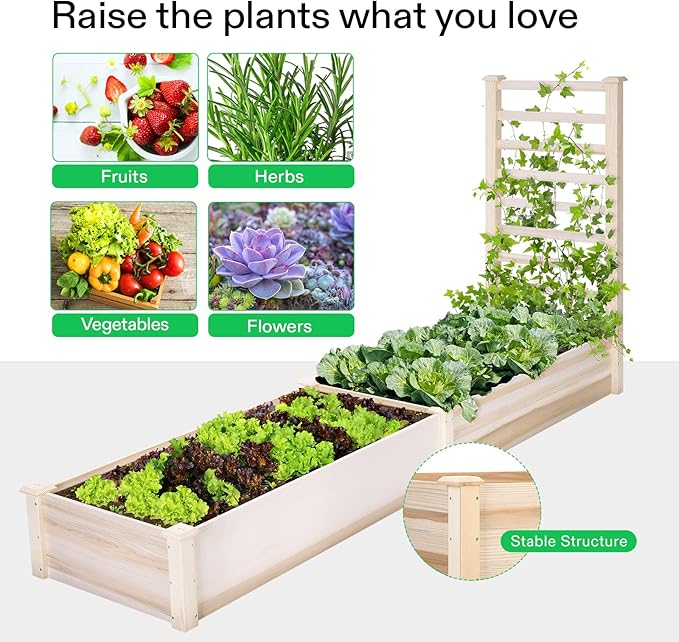 VIVOSUN Wooden Raised Garden Bed 48 x 24 x 30 Inches Outdoor Wood Planter Box with Gloves and a Liner with Trellis for Vine Climbing for Garden Patio Balcony Backyard and Outdoors