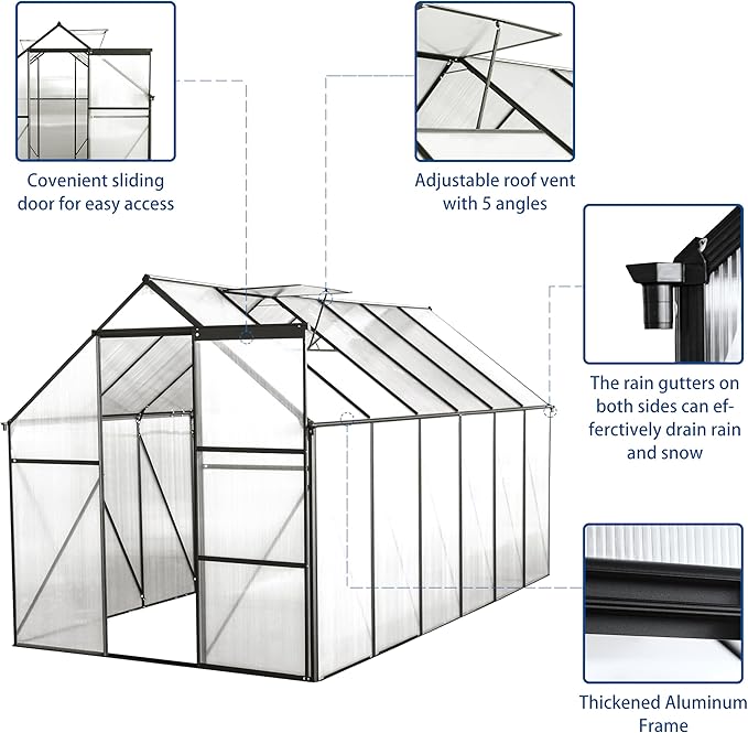 KEIKI 6x12 FT Polycarbonate Greenhouse with Aluminum FrameRaised Base and Roof VentWalk-in Greenhouses for Patio Garden
