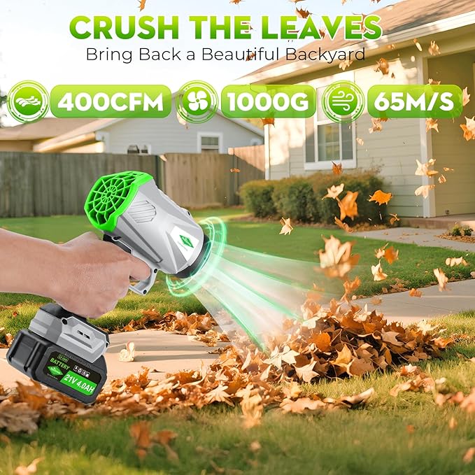Leaf Blower Cordless with Battery and Charger1000000 RPM 395CFM 1000G Power Lightweight Handheld Design Extended NozzleBlower for Patio CleaningCar Blowing Water Blowing Leaves and Dust