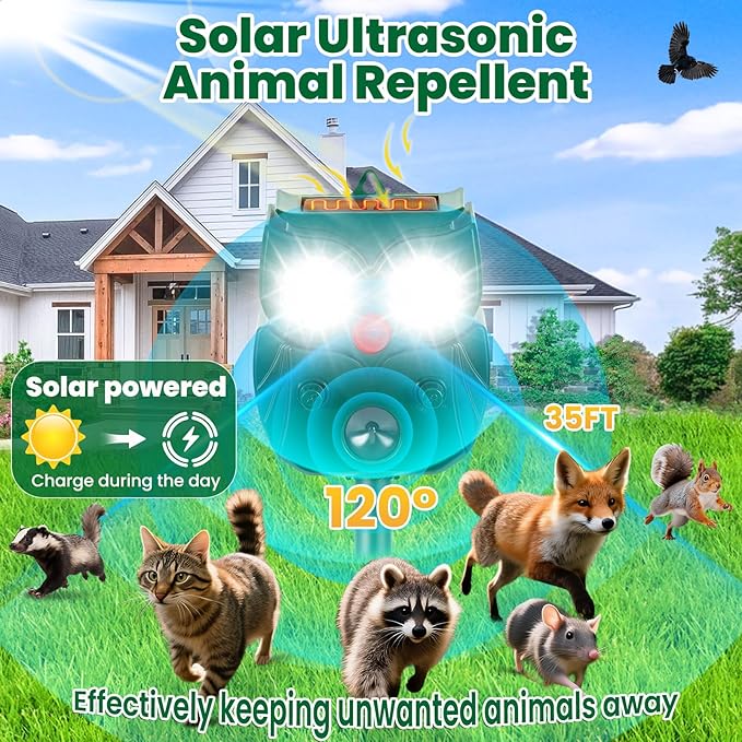 2 Pack Ultrasonic Animal Repellent Outdoor Deer Repellent Outdoor Solar Deer Repllent Devices Animal Deterrent Scare Raccoon Cat Rabbit Dog
