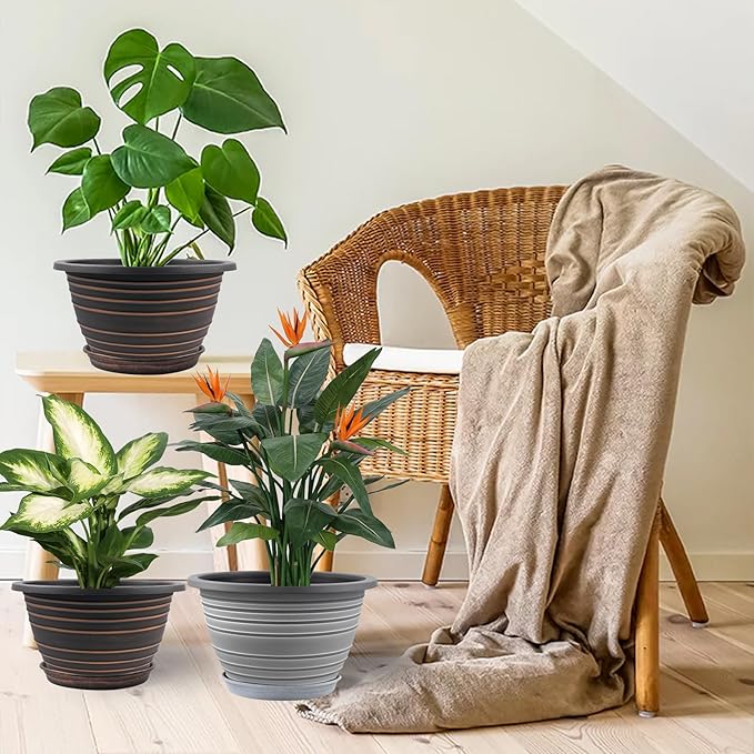 Large-Planter-Indoor-Outdoor Plant Pots 12 inch 3 Pack Plastic Flower Pots with Saucer and Drainage Holes Retro Antique Imitation Decorative Garden Containers Sets for Houseplant