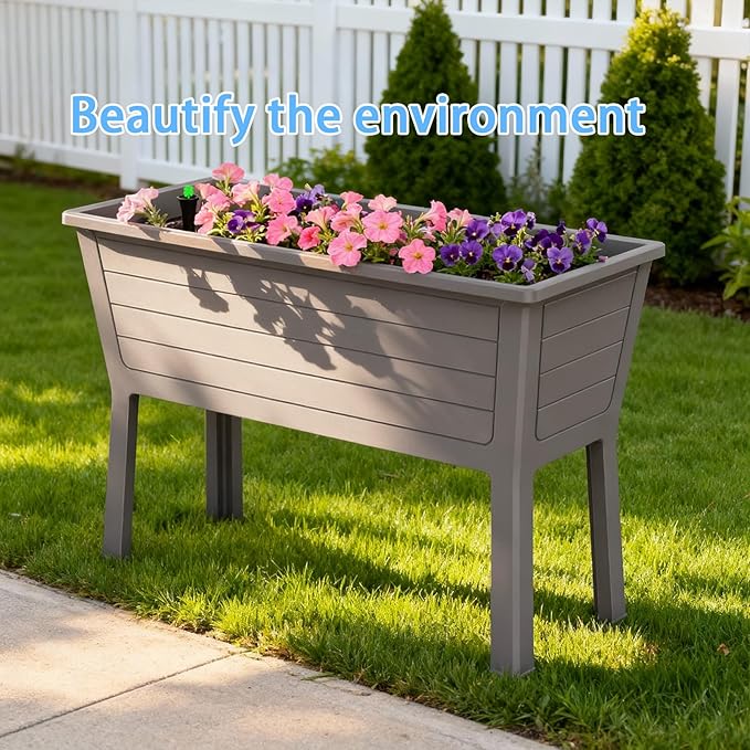 26.5 Gallon Elevated Raised Garden Bed 44 Large Planter Box Sturdy Resin Weather-Resistant Planting Container for Vegetables Herbs &amp Flowers Ergonomic Raised Bed for Patio Balcony (Taupe)