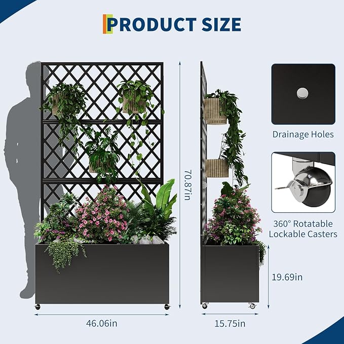 71x46x16 Inch Large Steel Raised Garden Bed Mobile Planter Box with Trellis and Privacy Screen Lockable Casters &amp Drainage Holes Outdoor Vegetable Garden for Vines Flowers Patio Deck Balcony
