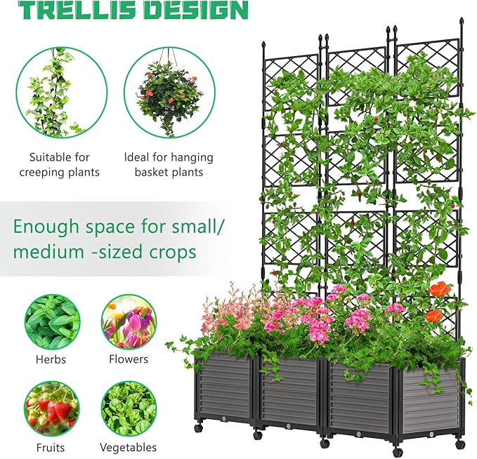 DoCred 63 H Raised Garden Bed Planter Box with Trellis Floorstanding Vertical Horticulture Planter Box Tomato Cage with Wheels for Vine Climbing Plants Flowers Herbs