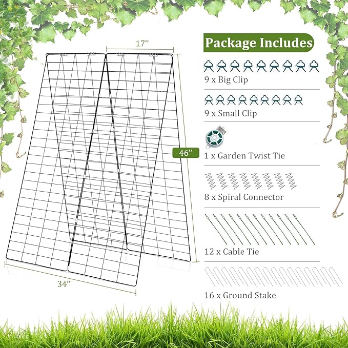 S AFSTAR 46 x 34 Inch Cucumber Trellis for Garden 8 PCS Foldable A-Shape Plant Support W/18 Clips 16 Ground Stakes 8 Spiral Connectors 12 Cable Tie Twist Tie Garden Trellis for Climbing Plants