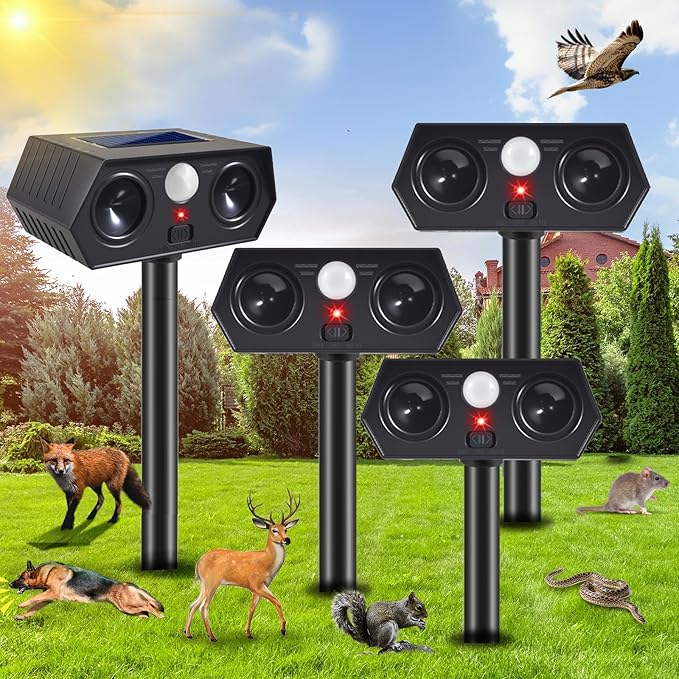 Solar Ultrasonic Animal Repellent Outdoor Deer Cat &amp Rabbit Deterrent with PIR Sensor Squirrel Raccoon Skunk &amp Dog Repeller for Yard Armadillos Scare Devices for Lawn (4 Pack)