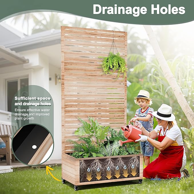 Metal Planter Box with Trellis for Patio Large Raised Garden Beds with Trellis Privacy Planter Box with Wheels Drainage Holes for Climbing Plants (35 L Square White Wood Grain)