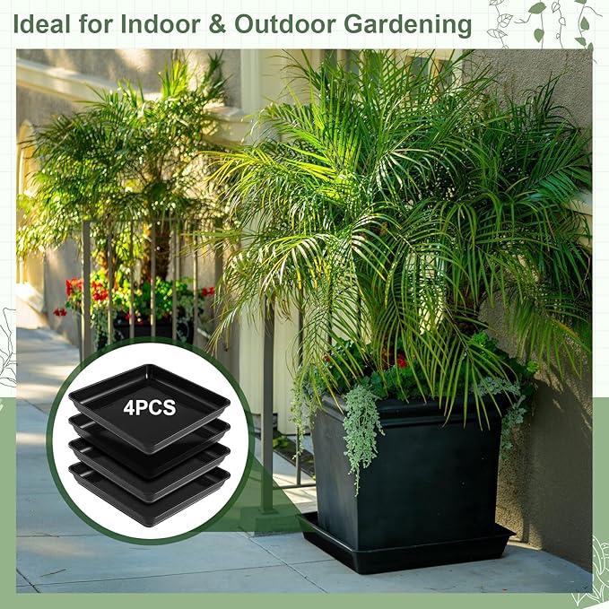 Vesici 4 Pack Large Squared Plant Saucer 23.6 x23.6”x 3” Black Plastic Garden Square Potting Tray for Indoor Outdoor Plant Water Receiving Tray for Flower Pot Planter Windowsill