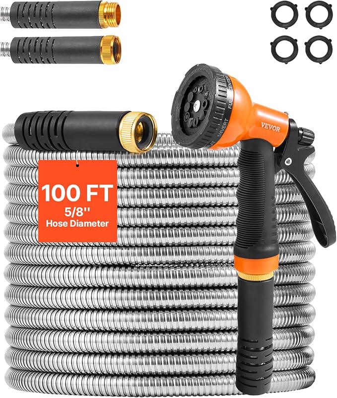 VEVOR Garden Hose Metal 100FT – Heavy Duty Stainless Steel Water Hose Flexible No Kink &amp Tangle Puncture Resistant &amp Rust Proof Lightweight w/ 10-Function Spray Nozzle for Yard Outdoor G