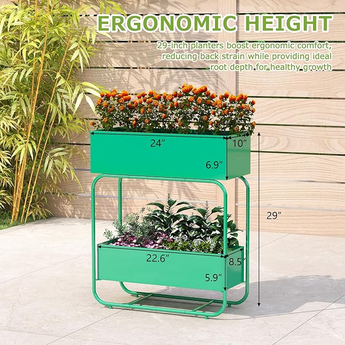 kinbor 2 Tier Elevated Raised Garden Bed Outdoor - Durable Planter Boxes for Vegetables Flowers &amp Herbs (29” Tall Rust-Resistant Steel Green)