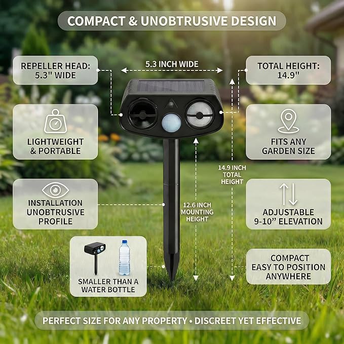 Solar Ultrasonic Animal Repeller Outdoor Motion Sensor Waterproof Pest Deterrent Raccoon Skunk Fox Squirrel Rabbit Dog Cat Deer Repellent for Yard Garden Farm 33ft 120° Coverage 2 Pack Black