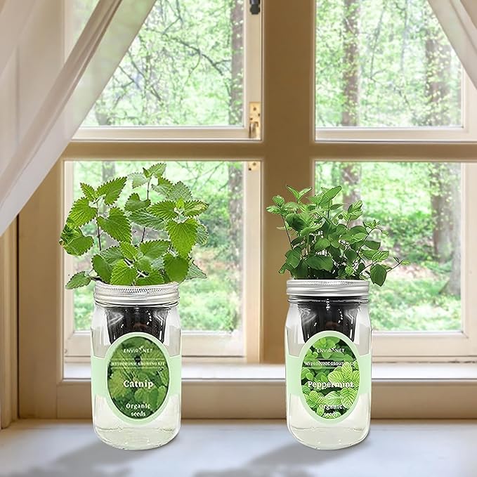 2-Pack Hydroponic Mason Jar Herb Garden Kit Indoor Herb Garden Self-Watering Starter Kit New Christmas Gift for Mom (CatnipPeppermint)