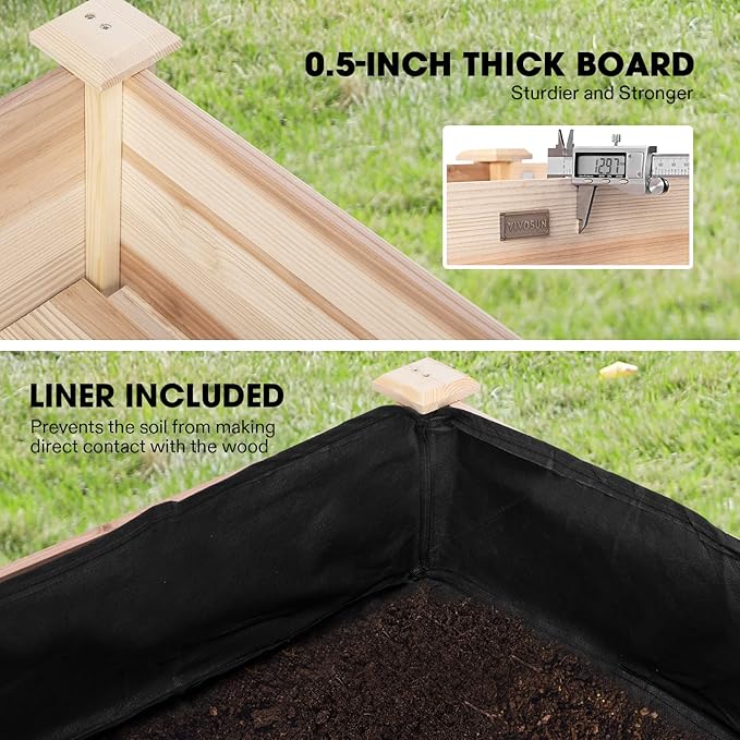 VIVOSUN Elevated Wooden Raised Garden Bed 48 x 24 x 30 Inches Outdoor Wood Planter Box w Bed Liner and Gloves for Garden Patio Balcony Backyard and Outdoors 220-Pound Capacity (Pack of 2)