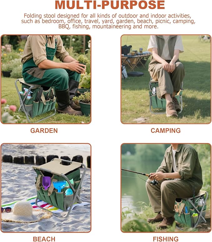 MDSTOP Folding Gardening Stool with Detachable Storage Tote Bag Gardening Tools Set Organizer for Fishing Outdoor Sports Hiking Camping Garden Gardening Gifts for Mom/Dad and Gardeners (Polyester)
