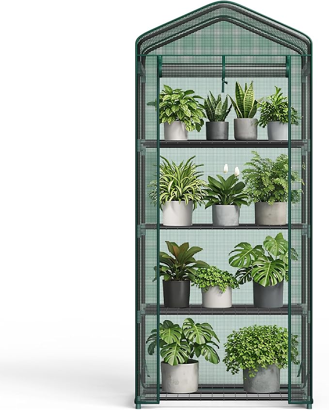 NEWBULIG 4-Tier Mini Greenhouse for Outdoors Small Green House with Sturdy Frame and Durable Green PE Cover Portable Greenhouse for Outside and Indoor Use 27.17 x 19.29 x 63.4 Inches