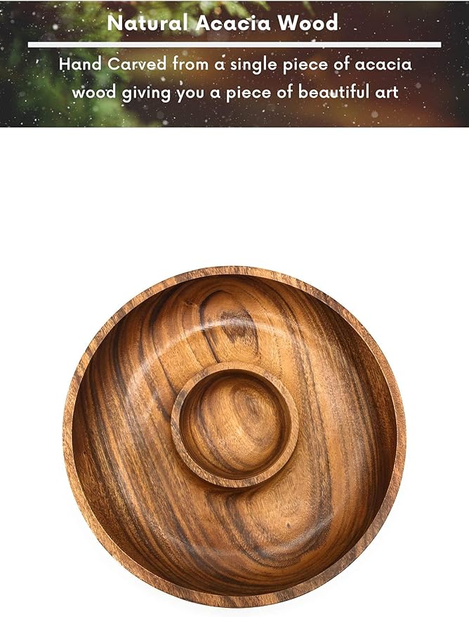 Handcracfted Acacia Wood Chip and Dip Specialty Salsa Bowl Plate Tray 10' D x 1.5 Thick