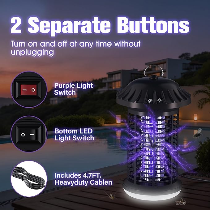Bug Zapper Indoor &amp Outdoor Water Proof Mosquito Zapper with LED Light 4200V Electric Bug Zapper for Home Patio Office Courtyard (Black)