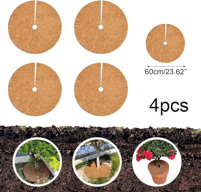 Coconut for Mulch Tray Pack of 4 20 30 35 40 45 60cm Coir Fiber Plant Protector for Garden Trees for Moisture Retaining Weed Barrier for Potted Plants